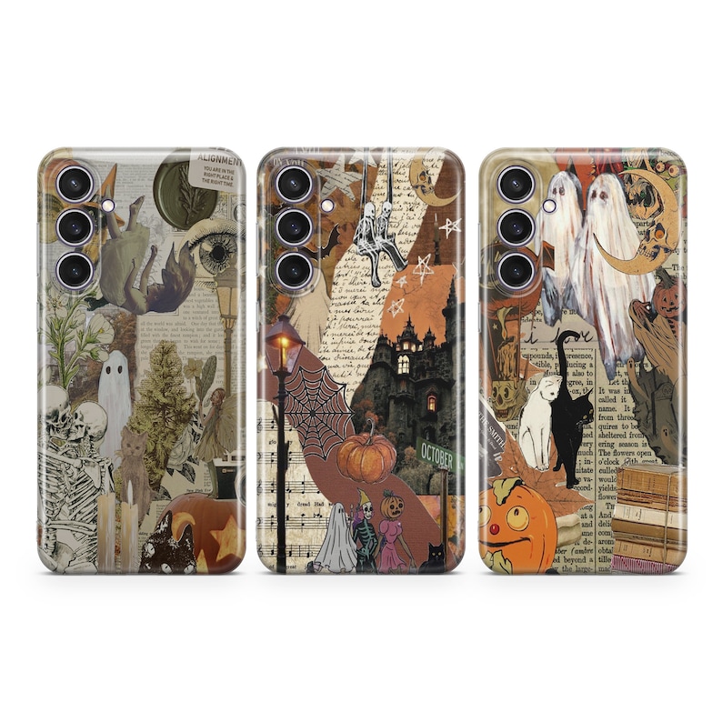 May include: Three phone cases with a Halloween theme. The cases feature a collage of images including ghosts, pumpkins, and vintage text. The text on one case reads "OCTOBER".