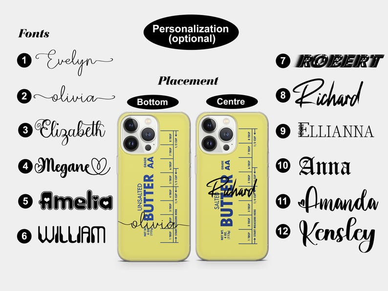 May include: Two yellow iPhone cases with a butter stick design. The cases have blue text that says "Unsalted Butter AA" and "Salted Butter AA". The text "Olivia" is written in black cursive on the bottom of the case on the left. The text "Richard" is written in black cursive on the bottom of the case on the right.