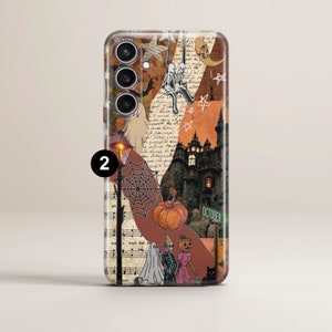 May include: A Halloween-themed phone case with a collage of images, including a spooky castle, a spiderweb, a pumpkin, and a street lamp. The case also features musical notes and the word "October".