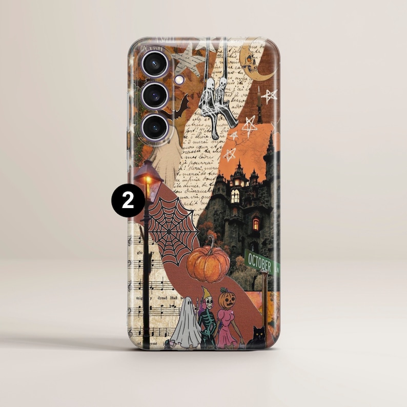 May include: A Halloween-themed phone case with a collage of images, including a spooky castle, a spiderweb, a pumpkin, and a street lamp. The case also features musical notes and the word "October".