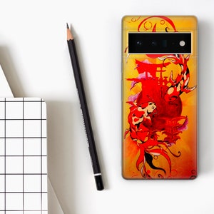 May include: A phone case with a colorful design featuring two red koi fish swimming around a red and yellow Japanese temple. The background is a yellow gradient with black outlines.