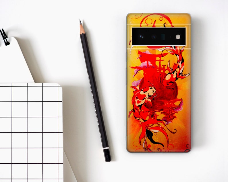 May include: A phone case with a colorful design featuring two red koi fish swimming around a red and yellow Japanese temple. The background is a yellow gradient with black outlines.