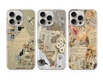 Étui pour téléphone avec collage de journaux, compatible avec iPhone 17 16 15 14 13 12 Pro Max Xr Xs, Google Pixel 10 Pro XL 9 8 7 6, Samsung S26 S25