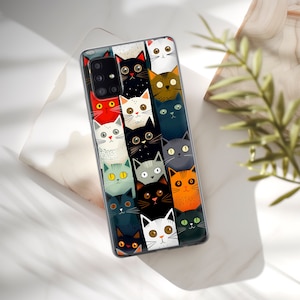 May include: A clear phone case with a colorful pattern of cats. The cats are all different colors and have different expressions on their faces. The case has a cutout for the camera lens.