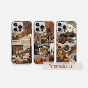 Op de afbeelding: Drie telefoonhoesjes met herfstachtige collage-ontwerpen. Het linkerhoesje toont bladmuziek, vlinders en de tekst Autumn killed the Summer with the softest kiss. Het middelste hoesje toont een lijst en het woord autumn. Het rechterhoesje toont boeken, koffie en fruit.