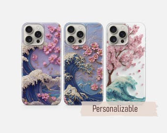 Sakura Phone case Japanese Great Wave cover fit for iPhone 17 16 15 14 13 12 Pro Max Xr Xs, Google Pixel 10 Pro XL 9 8 7 6, Samsung S26 S25