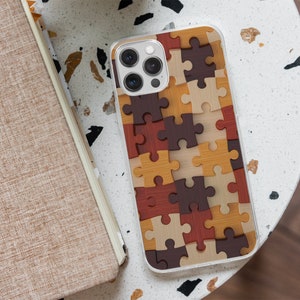 Wood Phone Case, Puzzle Print cover fit for iPhone 16 15 14 13 12 11 Pro Max Xr 8 Plus, Samsung S25 S24 S23 FE A16 A15 A55, Pixel 9 8