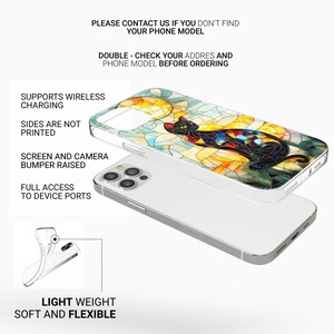 May include: A clear phone case with a stained glass design featuring a black cat. The case is compatible with wireless charging and has raised edges to protect the screen and camera. The case is lightweight and flexible.