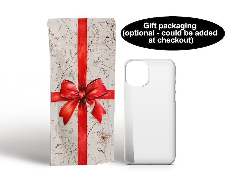 May include: A white phone case with a floral pattern and a red ribbon. Gift packaging is optional and can be added at checkout.