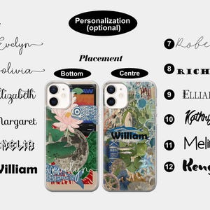 May include: Two phone cases with different designs. The case on the left has a floral design with a koi fish and the text "William Evelyn". The case on the right has a collage design with the text "William".