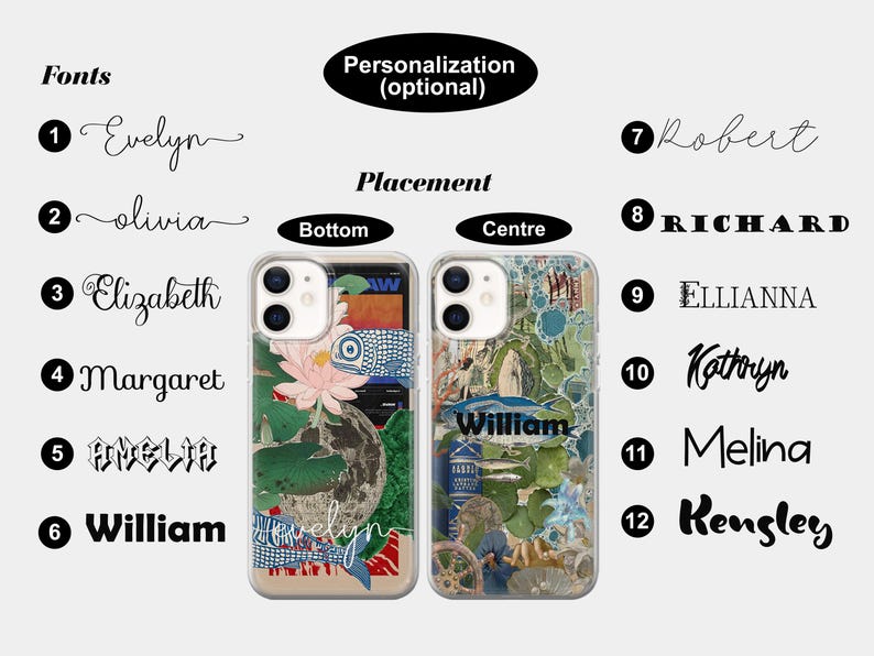 May include: Two phone cases with different designs. The case on the left has a floral design with a koi fish and the text "William Evelyn". The case on the right has a collage design with the text "William".
