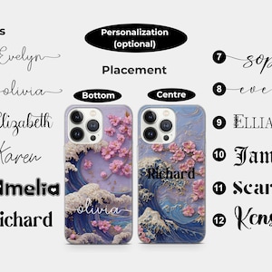 May include: Two phone cases with a wave and cherry blossom design. One case has the name "Olivia" at the bottom, the other has "Richard" in the center. The image also shows font options and personalization details.
