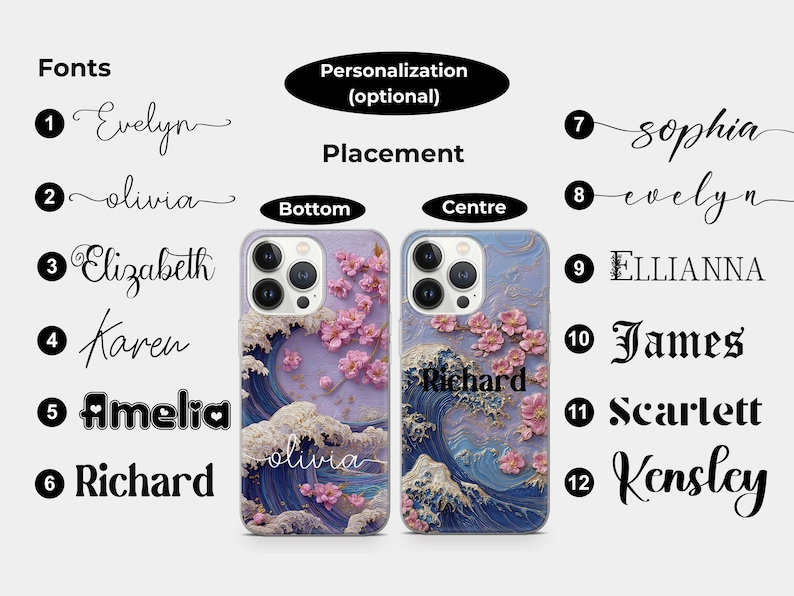 May include: Two phone cases with a wave and cherry blossom design. One case has the name "Olivia" at the bottom, the other has "Richard" in the center. The image also shows font options and personalization details.
