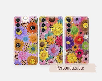 Coque colorée Happy Flowers pour Samsung S26 S25 S24 S23 S22 Plus Ultra FE S10 Galaxy Note 20 A16 A17 A57 A56 A16 A25 A05s