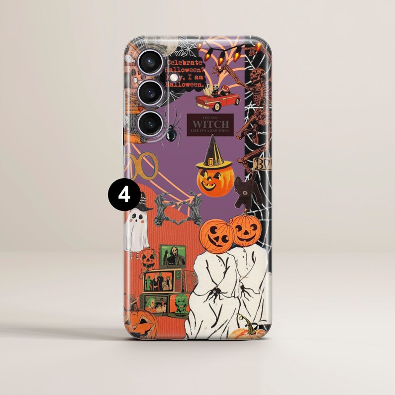 May include: A purple, black, and orange Halloween phone case with a collage of images including a witch, pumpkins, ghosts, and a spider web.