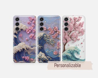 Sakura Coque de téléphone japonaise Grande vague pour Samsung S26 S25 S24 S23 S22 Plus Ultra FE S10 Galaxy Note 20 A16 A17 A57 A56 A16 A25 A05