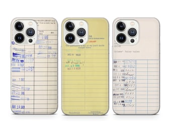 May include: Three iPhone cases with a library card design. The cases are clear and show the design through the case. The library card designs feature a yellowed paper background with blue and green ink. The text on the cards includes dates, due dates, and the title "Grimms' Fairy Tales".