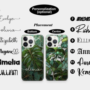 May include: Two phone cases with a green and gold leaf design. One case has the name "olivia" in a script font at the bottom, and the other has the name "Richard" in a script font in the center. The image also shows font options.