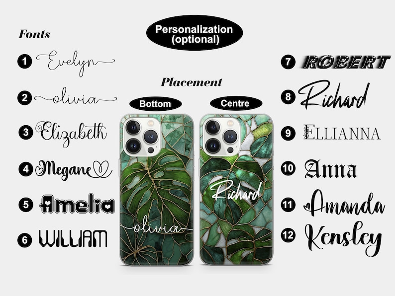 May include: Two phone cases with a green and gold leaf design. One case has the name "olivia" in a script font at the bottom, and the other has the name "Richard" in a script font in the center. The image also shows font options.