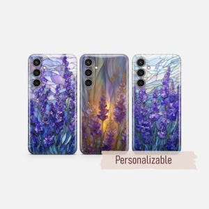 May include: Three phone cases with lavender floral designs. The cases feature a stained-glass style with shades of purple, blue, and gold. The text "Personalizable" is displayed on a banner below the cases.