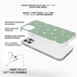 May include: A clear phone case with a green floral pattern, featuring white daisies. The case is shown over a silver phone, with text indicating it supports wireless charging and has a screen and camera bumper. The text also says the case is lightweight and flexible.