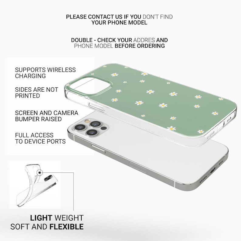 May include: A clear phone case with a green floral pattern, featuring white daisies. The case is shown over a silver phone, with text indicating it supports wireless charging and has a screen and camera bumper. The text also says the case is lightweight and flexible.