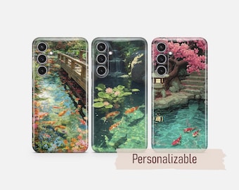 Funda para teléfono con diseño de estanque de carpas Koi, estilo cottagecore japonés, compatible con Samsung S26, S25, S24, S23, S22 Plus, Ultra FE, S10, Galaxy Note 20, A16, A17, A57, A56, A16 y A25.
