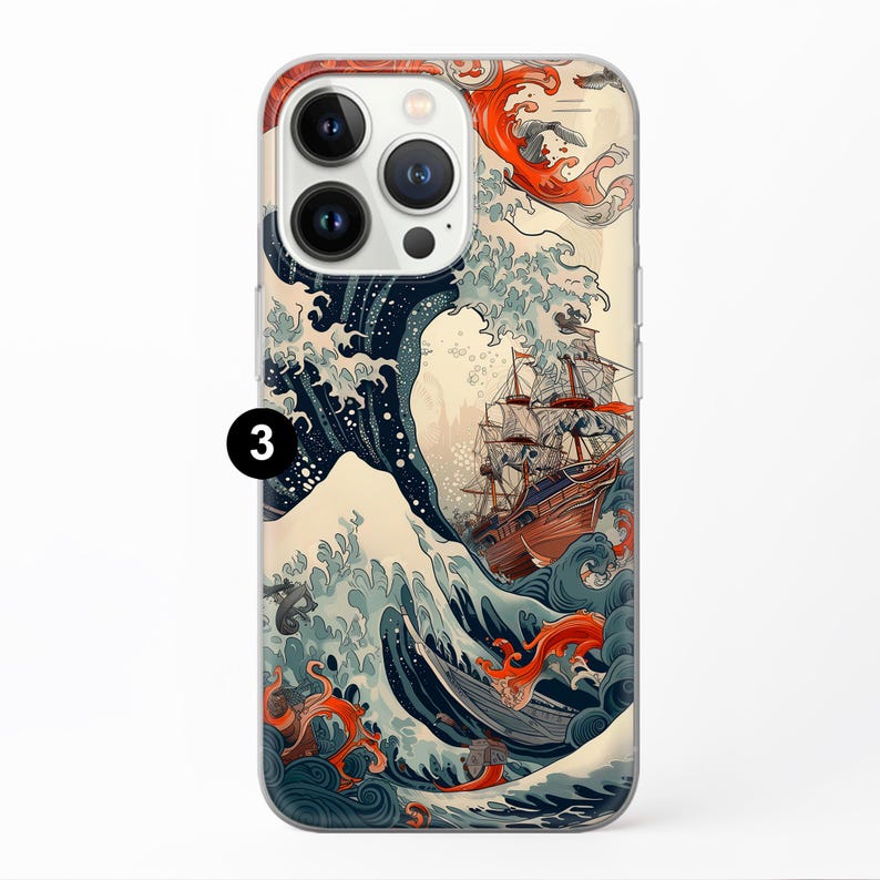 Puede incluir: Una funda transparente para tel&eacute;fono con un dise&ntilde;o de olas japonesas coloridas que presenta un barco navegando por las olas. La funda tiene un recorte para el objetivo de la c&aacute;mara.
