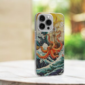 Puede incluir: Una funda transparente para tel&eacute;fono con un dise&ntilde;o colorido de un pulpo atacando un barco en una ola. El dise&ntilde;o recuerda a las estampas japonesas en madera.