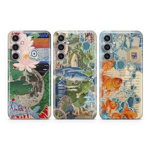 May include: Three phone cases with different designs. The first case features a blue and white fish, a pink flower, and green leaves. The second case features a blue and white fish, a book, and a hand. The third case features orange fish, blue bubbles, and a vintage postcard.