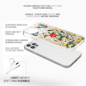 May include: A clear phone case with a stained-glass design featuring butterflies and flowers. The case is shown on top of a white phone. The text on the image says, "PLEASE CONTACT US IF YOU DON'T FIND YOUR PHONE MODEL" and "LIGHT WEIGHT SOFT AND FLEXIBLE."
