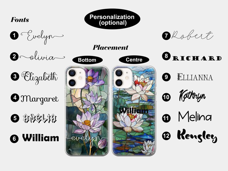 Op de afbeelding: Twee transparante telefoonhoesjes met een glas-in-lood ontwerp van waterlelies. De hoesjes zijn verkrijgbaar met verschillende namen die aan de onderkant of in het midden van het hoesje worden gedrukt.