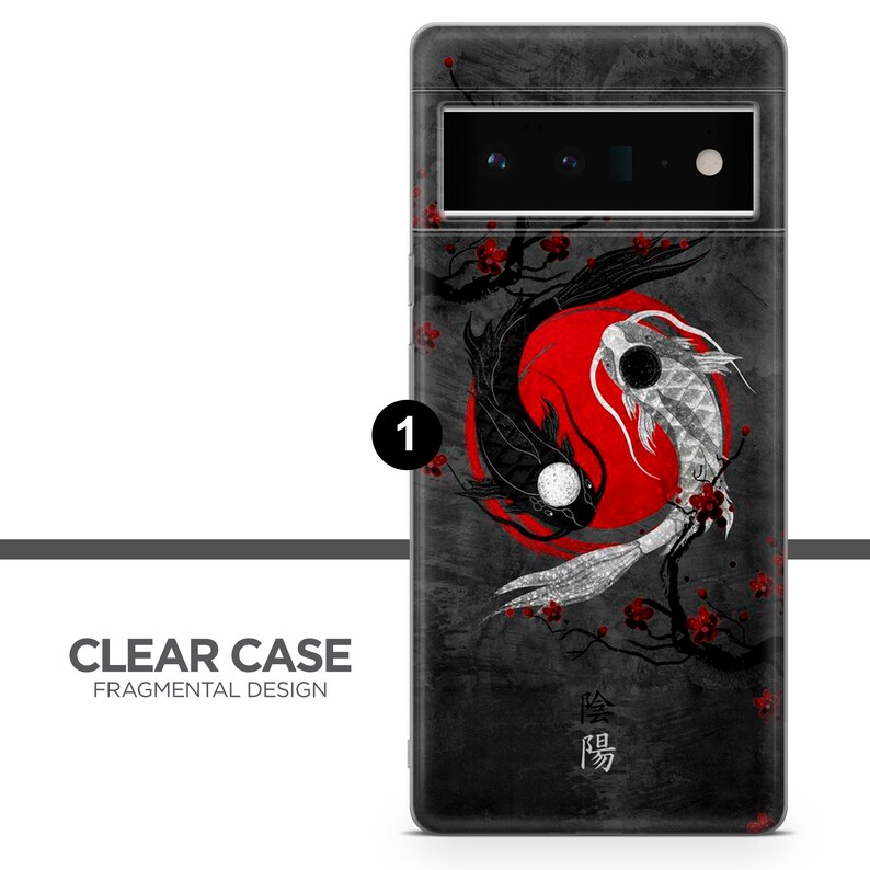 May include: A black phone case with a yin yang design featuring two koi fish, one black and one white, swimming around a red circle. The background is a dark gray with a faded texture. The case has a clear back and a black border. The text "陰陽" is printed on the case.