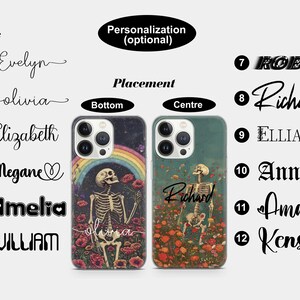 May include: Two iPhone cases with a floral and skeleton design. The case on the left has a rainbow and the text "olivia" at the bottom. The case on the right has the text "Richard" at the bottom. The image also shows a list of names in different fonts.