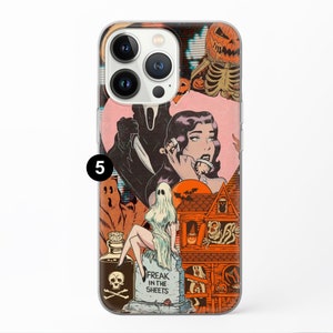 May include: A clear phone case with a collage of Halloween-themed images. The images include a ghost, a pumpkin, a skeleton, a woman with a scream mask, and a house. The text "Freak in the Sheets" is visible on the case.