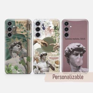 May include: Three phone cases with unique designs. One case features a statue, butterflies, and foliage. Another showcases a collage with a statue and hands. The third case has a statue with a bubble and the text "hakuna matata, bitch".