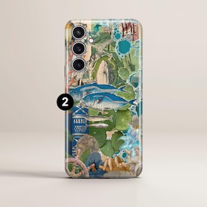 May include: A phone case with a collage design featuring fish, plants, and a book with the title "Gabble Gabble". The case has a blue, green, and brown color scheme.