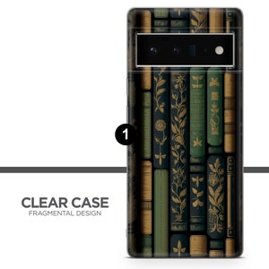 May include: Clear phone case with a fragmented design featuring a pattern of vintage books in shades of green, gold, and black. The case has a camera cutout and the text "CLEAR CASE FRAGMENTAL DESIGN".