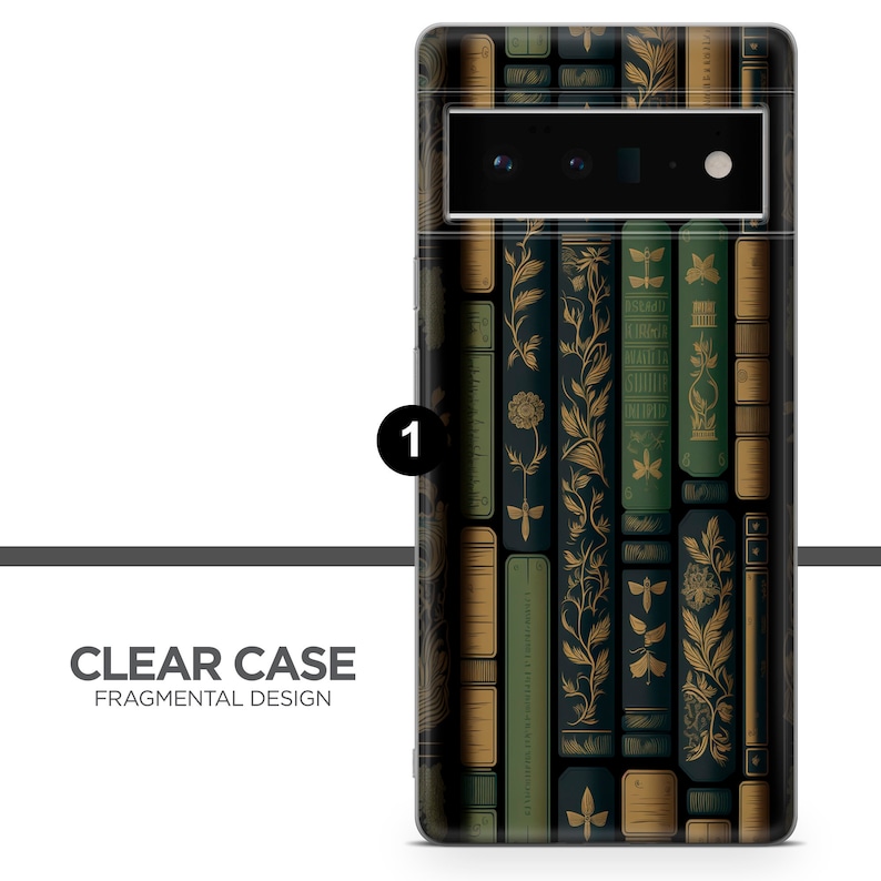 May include: Clear phone case with a fragmented design featuring a pattern of vintage books in shades of green, gold, and black. The case has a camera cutout and the text "CLEAR CASE FRAGMENTAL DESIGN".