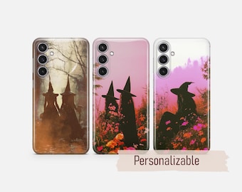 May include: Three smartphone cases featuring witch-themed illustrations. The left case shows two silhouettes in a forest, the center case depicts witches among colorful flowers, and the right case shows a witch in a field. The text "Personalizable" is below.