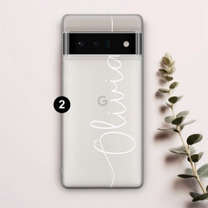 Op de afbeelding: Een transparante telefoonhoes met een witte inscriptie die "Olivia" zegt op een witte achtergrond. De hoes heeft een zwarte camera lens en een Google logo.