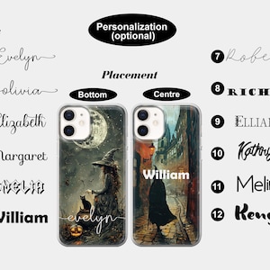 May include: Two clear phone cases with different Halloween-themed designs. The case on the left features a witch with a black cat and a pumpkin. The case on the right features a street scene with a figure in a black cloak. Both cases have the word "William" printed on them.