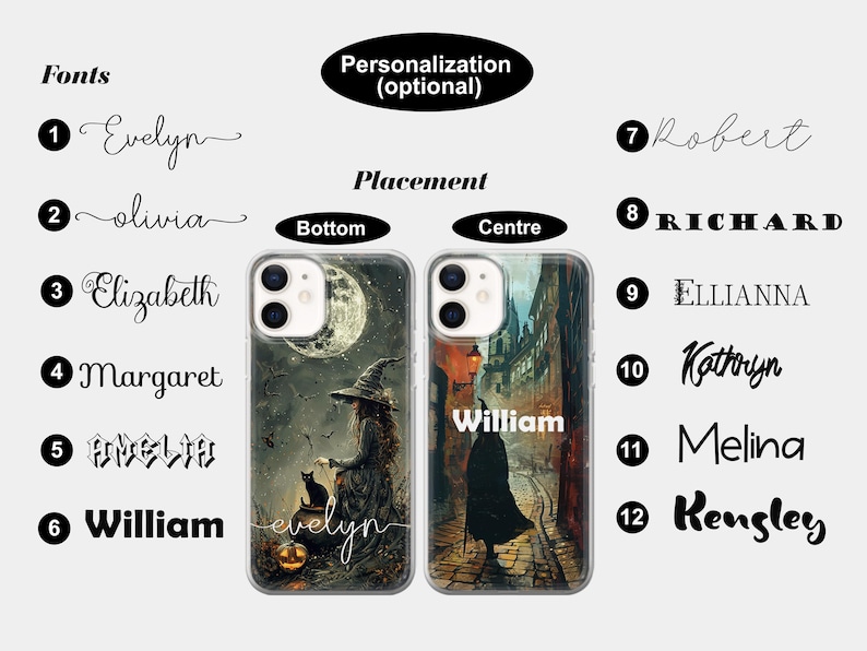 May include: Two clear phone cases with different Halloween-themed designs. The case on the left features a witch with a black cat and a pumpkin. The case on the right features a street scene with a figure in a black cloak. Both cases have the word "William" printed on them.