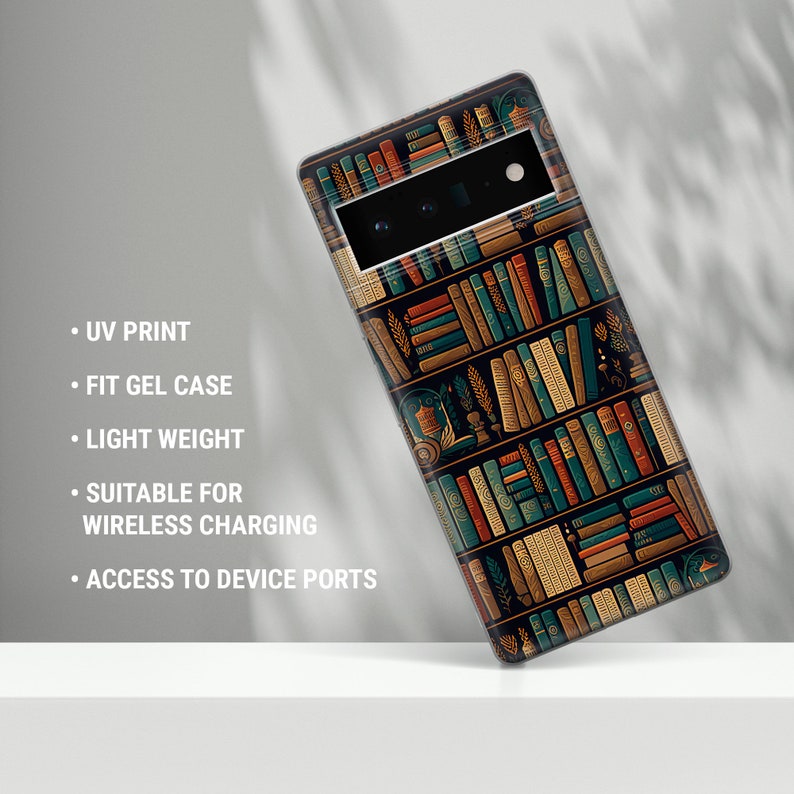 May include: A phone case featuring a colorful bookshelf design with rows of books in various colors. The case has the following features: UV print, fit gel case, light weight, suitable for wireless charging, and access to device ports.