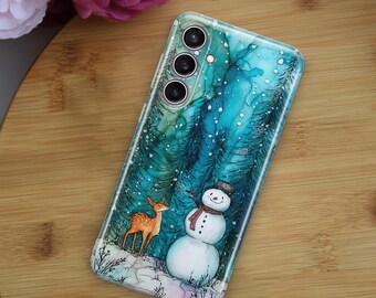 Snowman Phone Case Winter Deer Forest Cover fit for Samsung S25 S24 S23 S22 S21 Plus Ultra FE S10 Galaxy Note 20 A16 A17 A55 A56 A14 A05s