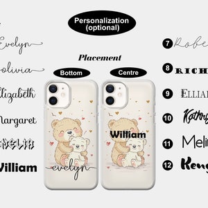May include: Two clear phone cases with a design of two teddy bears hugging. The case on the left has the name "evelyn" written on the bottom. The case on the right has the name "William" written in the center. The cases are surrounded by a white background with a list of names and numbers.