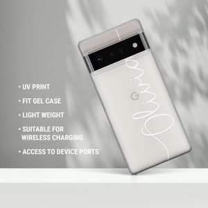 Op de afbeelding: Een witte telefoonhoes met een transparante achterkant en een wit ontwerp dat "Olivia" zegt met een Google-logo. De hoes is gemaakt van flexibel gelmateriaal en is ontworpen om perfect om de telefoon te passen.