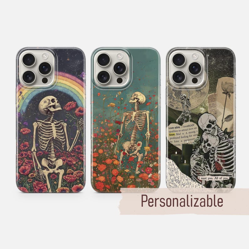 May include: Three iPhone cases with different designs featuring skeletons in a field of flowers, a skeleton couple, and a skeleton holding a flower. The cases are customizable.