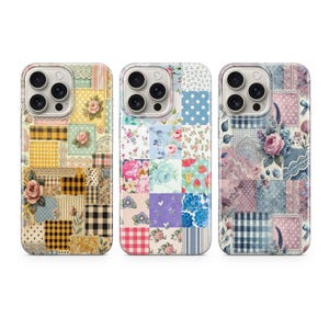 May include: Three phone cases with a patchwork design. Each case features a unique combination of floral, gingham, and polka dot patterns in pastel colors. The cases have a vintage, cottagecore aesthetic.