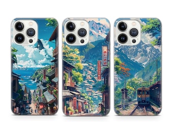 Anime Phone Case Japanese Street Mountains cover fit for iPhone 17 16 15 14 13 12 Pro Max Xr Xs, Google Pixel 10 Pro XL 9 8 7 6, Samsung S25